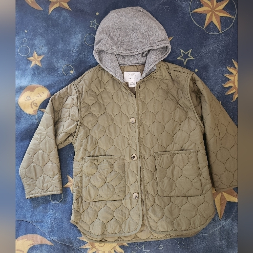 Zara Disney BABY Kids Olive Quilted Jacket with Gray Hood